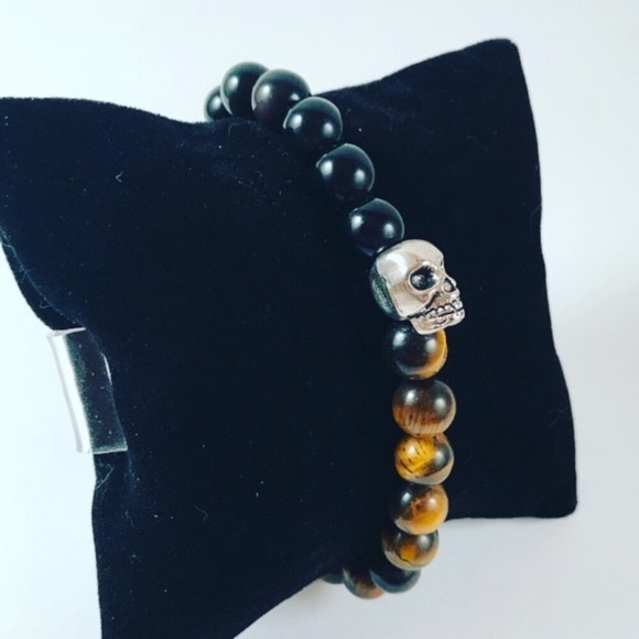 Men or women tiger eye & onyx gems skull bracelet - Picture 4 of 7